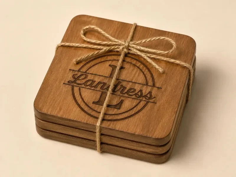 Four personalized wooden coasters stacked and tied with twine, showing a family-name monogram