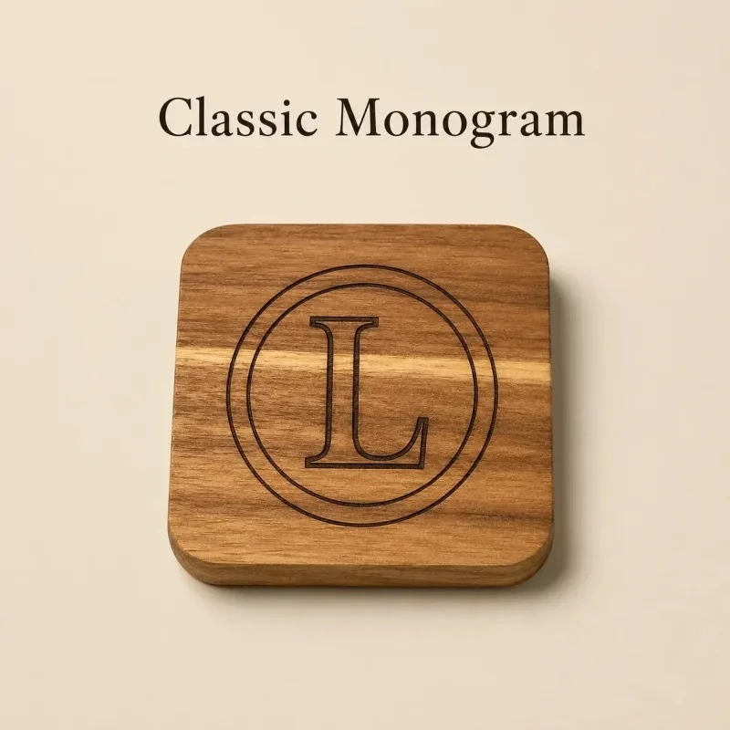 Wooden coaster engraved with an L inside a double circle