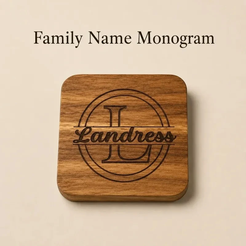 Close view of a family-name monogram with Landress engraved across an L