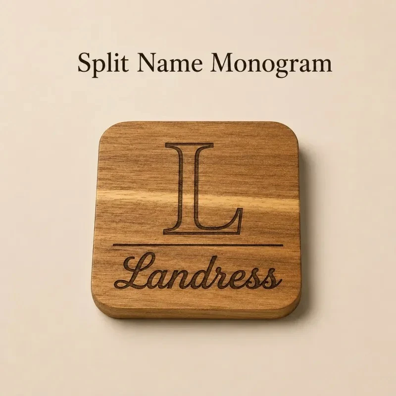 Wooden coaster with a large initial above the sample name Landress