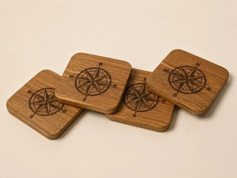 Four overlapping Compass Rose wooden coasters showing their wood grain and rounded corners
