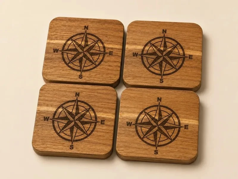 Four square wooden coasters arranged in a grid, each engraved with a compass rose