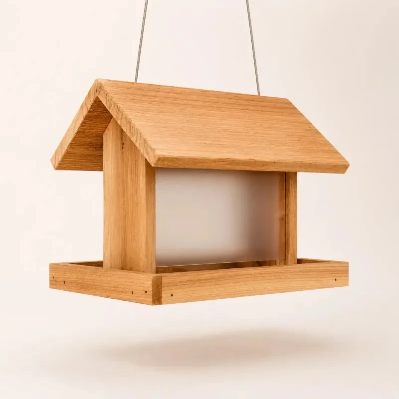 Cedar feeder showing the pitched roof, plexiglass panel, and raised edges around its feeding tray