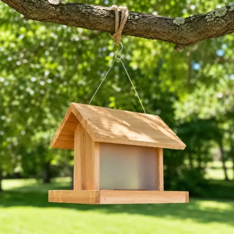 Empty cedar window bird feeder hanging outdoors beneath a leafy tree