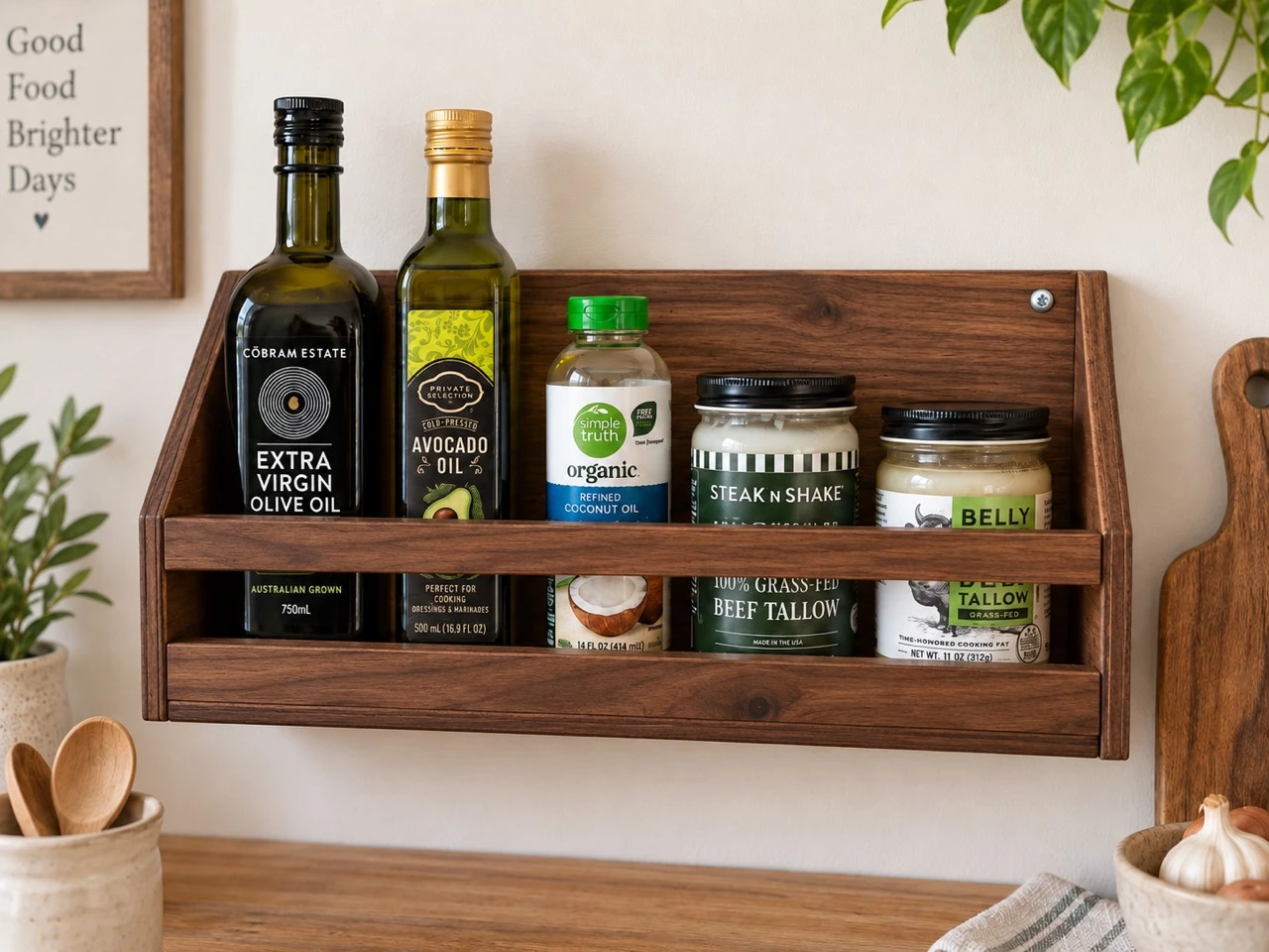 Dark walnut stained wall mount kitchen organizer holding oil bottles and jars
