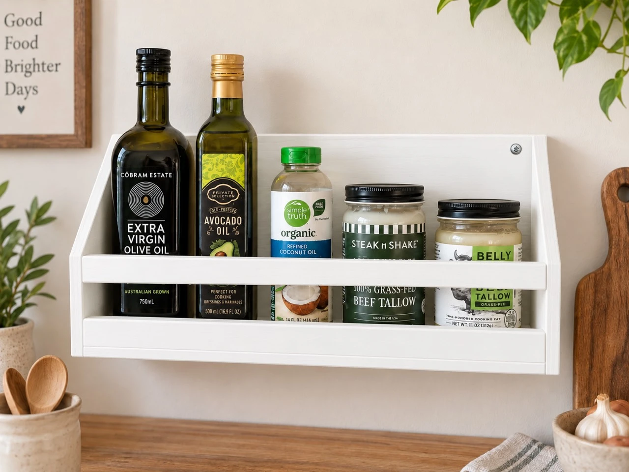 White wall mount kitchen organizer holding oil bottles and jars