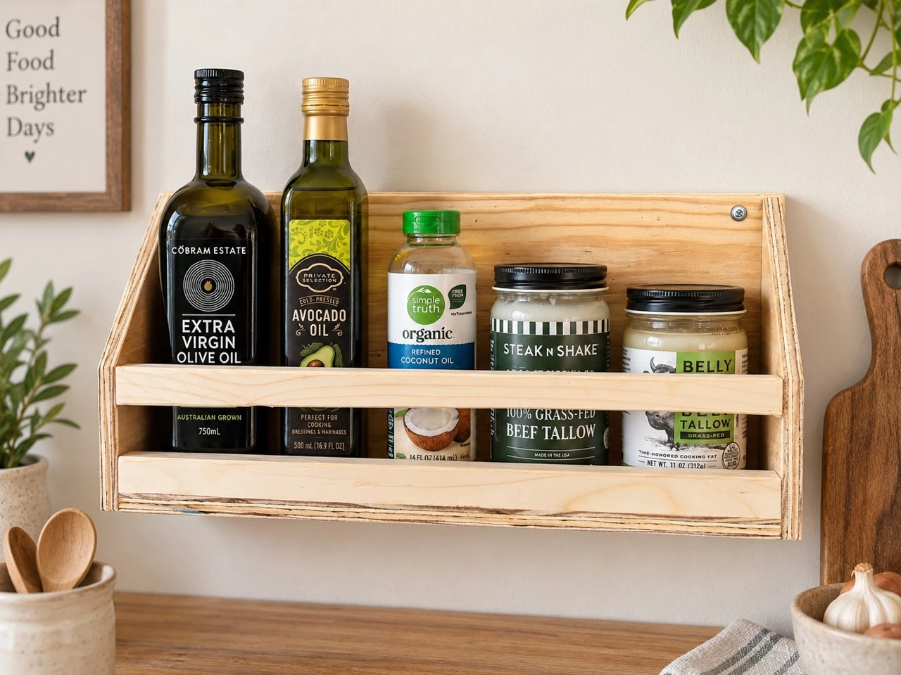 Natural wood wall mount kitchen organizer holding oil bottles and jars