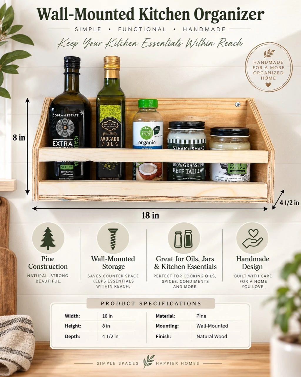 Product guide showing pine construction and dimensions of 18 inches wide, 8 inches high, and 4.5 inches deep