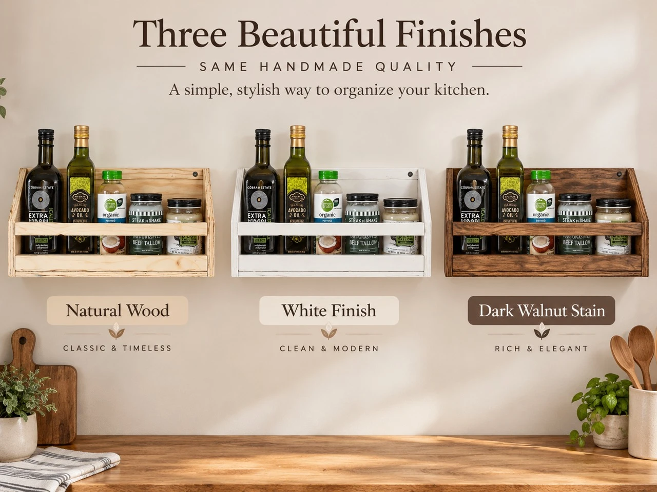Natural Wood, White Finish, and Dark Walnut Stain organizers side by side