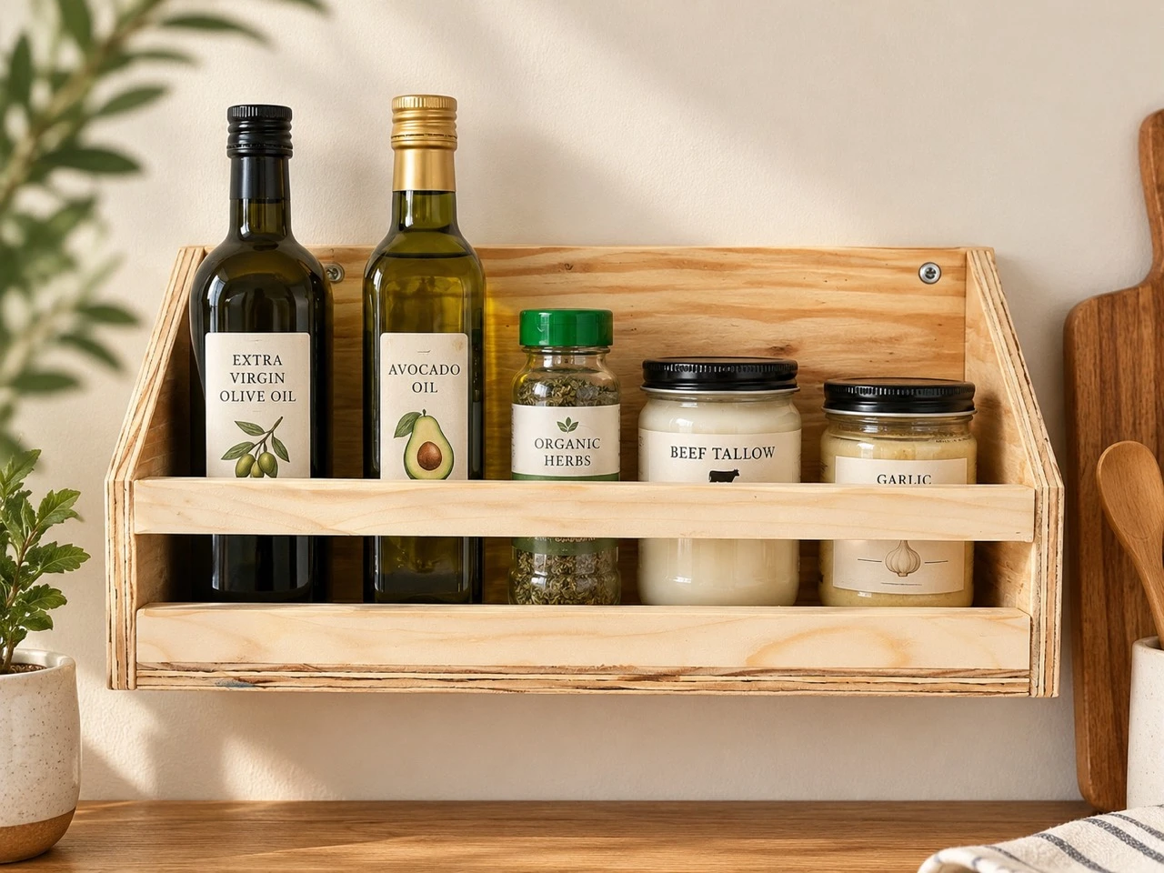 Natural wood kitchen organizer with oils, herbs, and jars above a countertop