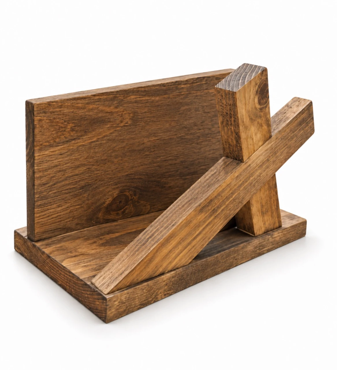 Wooden Bible holder by itself, showing the back panel, rectangular base, and cross-shaped front