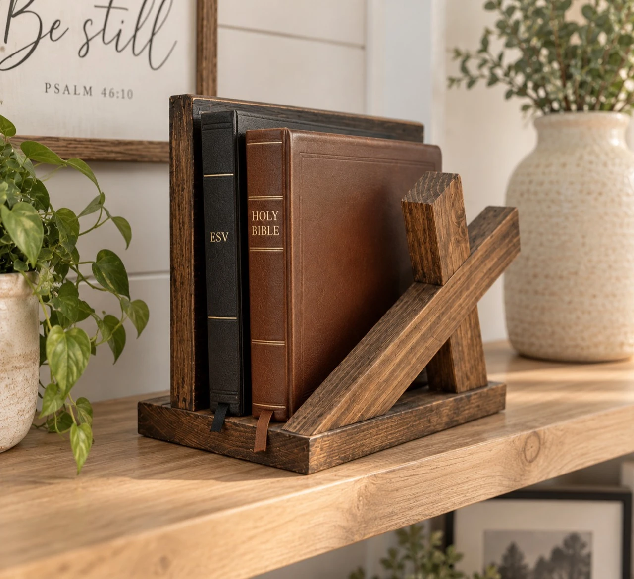 Rustic wooden Bible holder with a cross-shaped front, shown holding two closed Bibles on a console table