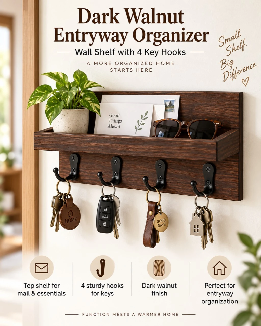 Dark walnut entryway organizer feature guide showing mail and sunglasses on the shelf and keys on four hooks