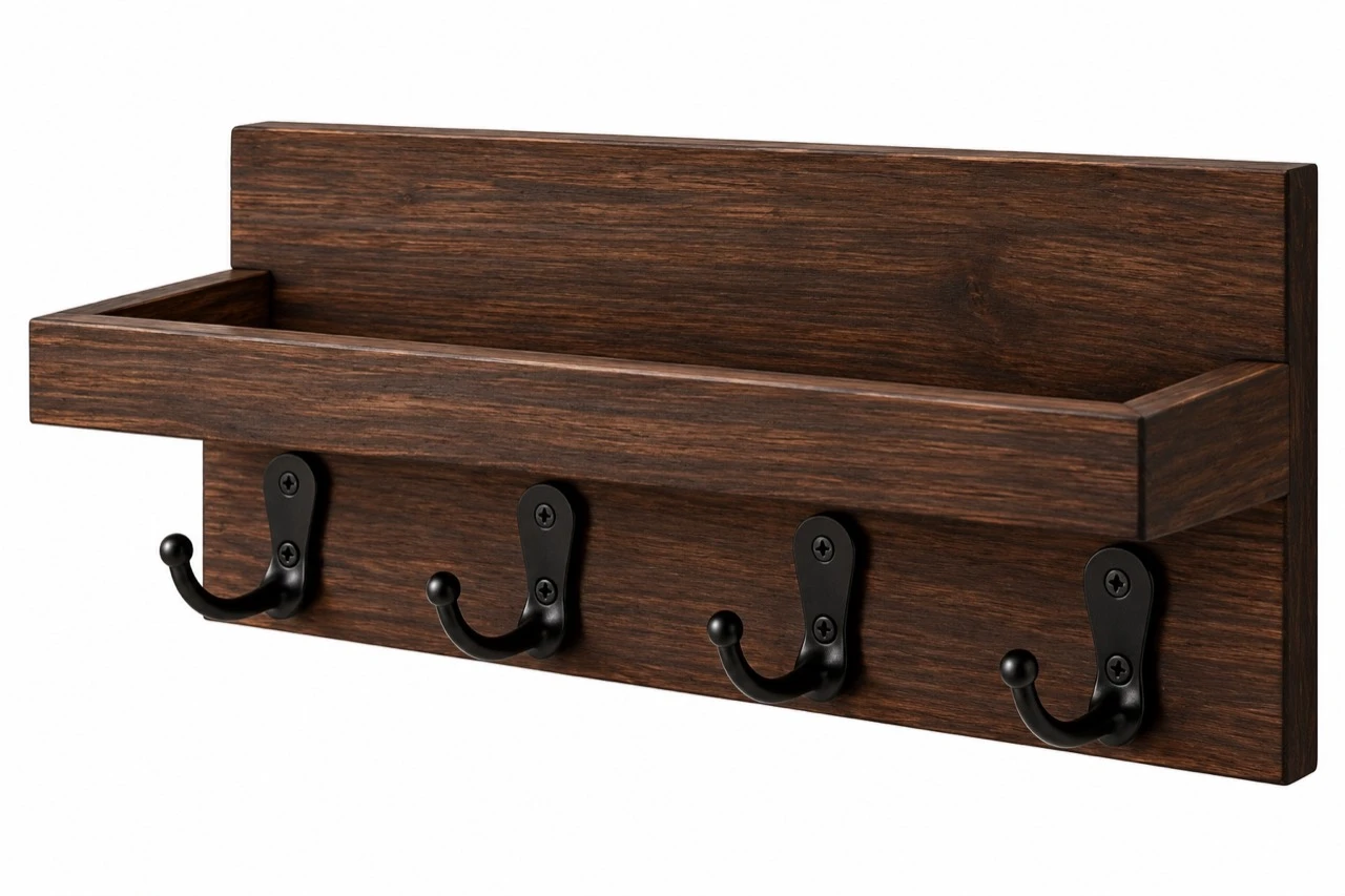 Dark walnut entryway organizer by itself, with a raised-edge wooden shelf and four black key hooks