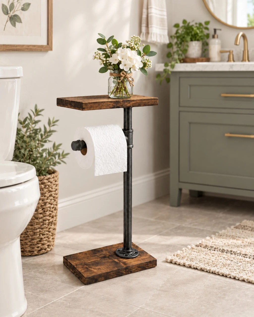 Freestanding toilet paper holder beside a toilet with flowers displayed on its top shelf