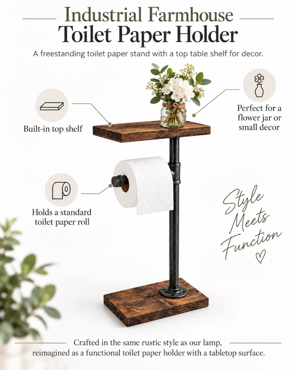 Feature guide for a freestanding industrial farmhouse toilet paper holder with a top shelf and standard roll holder