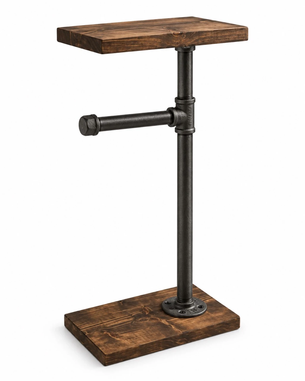 Industrial farmhouse toilet paper holder by itself, showing the wooden shelf and base, black pipe frame, and empty roll arm