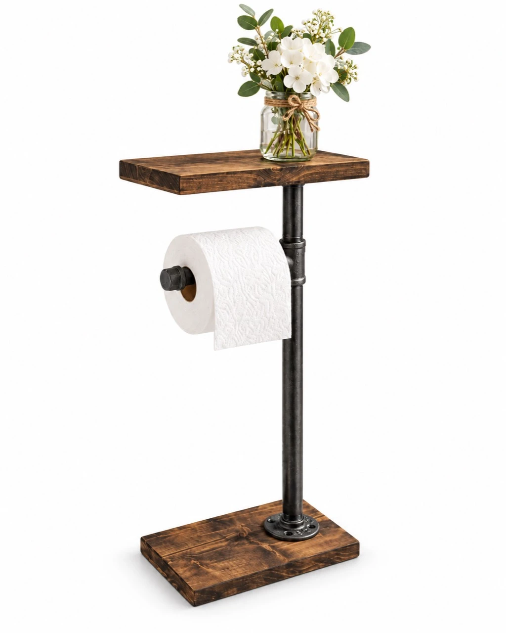 Industrial farmhouse toilet paper stand with a dark wood top shelf and base and black pipe frame