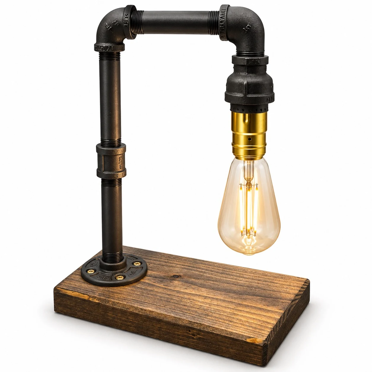 Rustic industrial table lamp with black iron pipe, gold-tone socket, and rectangular stained wood base