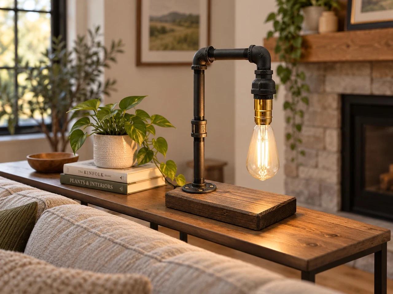 Our black iron and stained wood lamp casting a warm glow beside a living room sofa