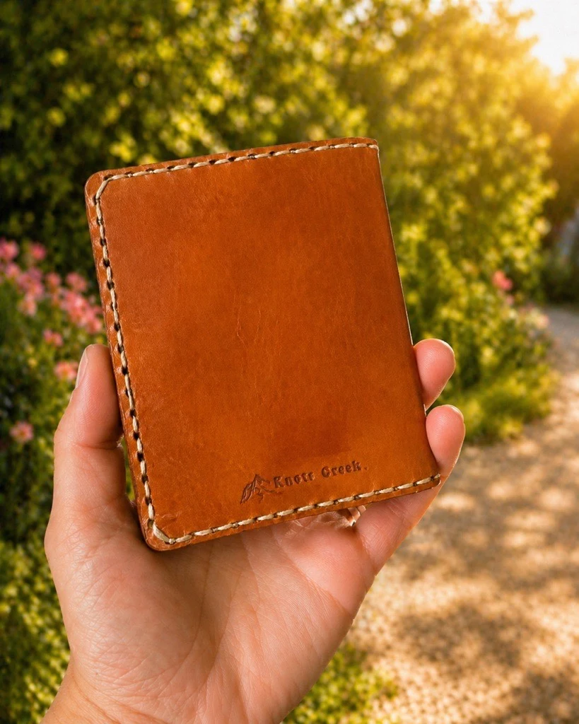 Brown Pocket Verse back cover with contrasting stitching and the Knots Creek mark