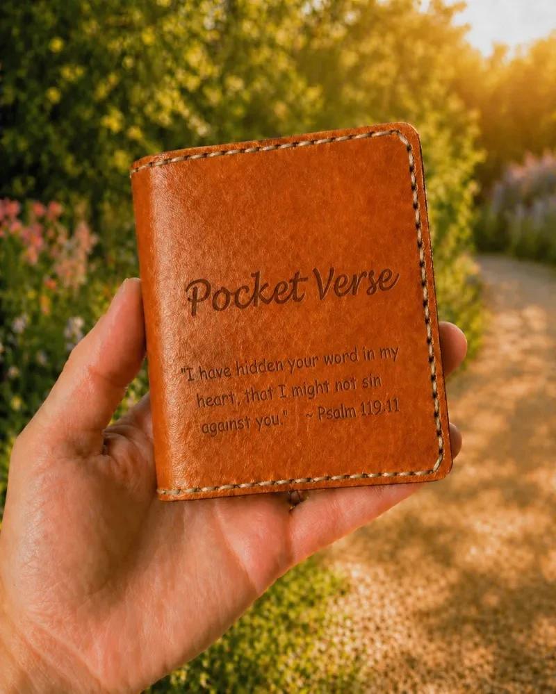 Brown Pocket Verse cover engraved with its name and Psalm 119:11, held in one hand
