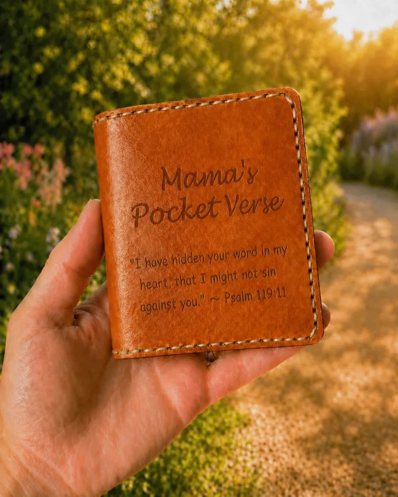 Brown cover engraved with Mama’s Pocket Verse and Psalm 119:11