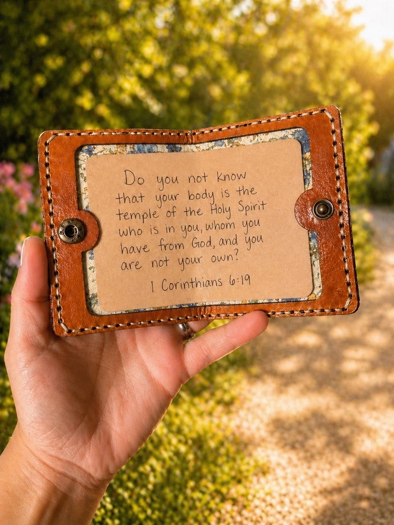 Open Pocket Verse holding a handwritten scripture card labeled 1 Corinthians 6:19