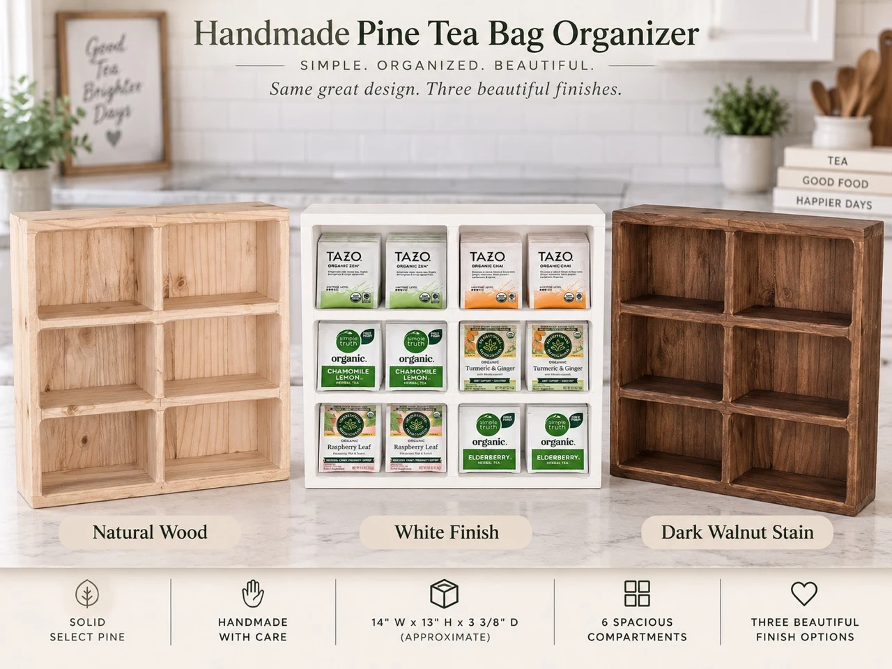 Pine tea bag organizer shown in natural wood, white finish, and dark walnut stain