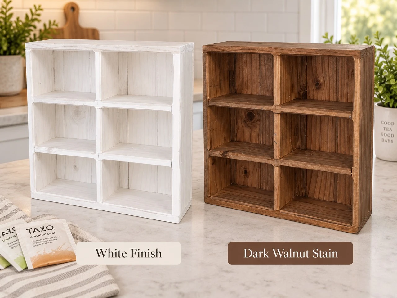 White and dark walnut stained pine organizers side by side, each with six empty compartments